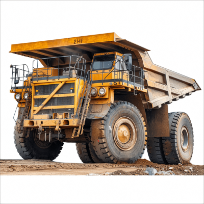 A photo of a large yellow mining truck with an open cabin, on a white background, from the side view, in the photorealistic style, with hyperrealism, a high resolution photography, of high quality, with high detail, hyper detailed, high definition, high contrast, high natural light, with professional color grading, no grainy film texture, no low colors, no contrast loss, no sharpness lost.