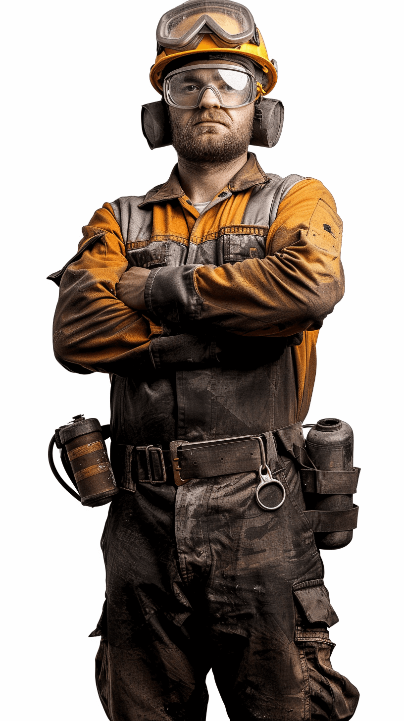 Photo of an underground miner, standing with his arms crossed and looking at the camera. He is wearing overalls and a helmet and goggles. Isolated on a white background. High detail, ultra realistic photo shot in the style of Nikon D850.