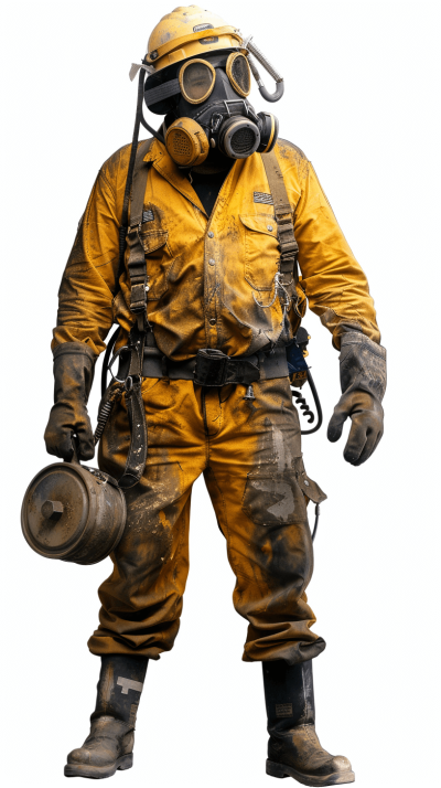 full body view of dirty yellow uniformed and gas mask firefighter, white background, full length view, photo realistic, hyper detailed, high definition, high resolution, cinematic photography style, hyper realism features,