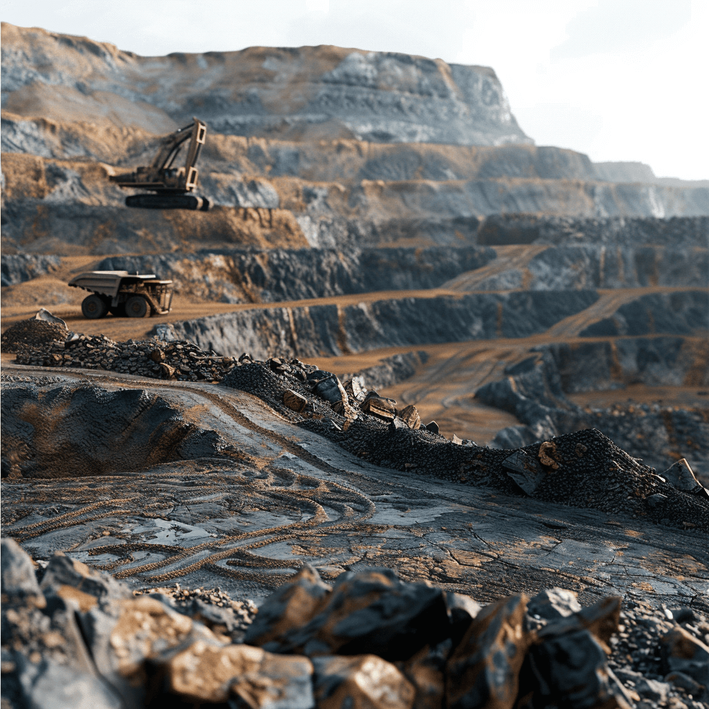 A large open pit mine with trucks and the use of geos. Ultra realistic photography in the style of NVV, photorealistic style, high resolution, high quality.