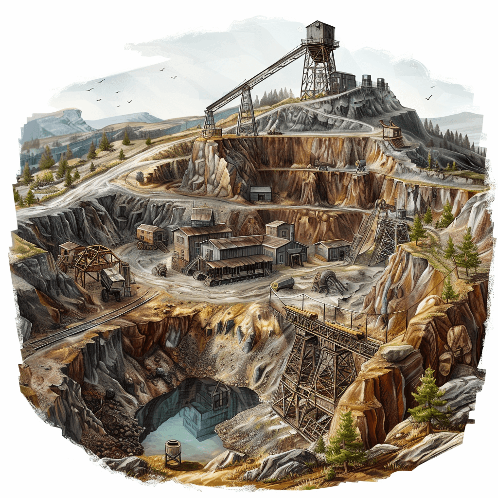 An illustration of an old gold mine with copper and silver halo, complete complex mining scene, highly detailed, high resolution, white background, hand drawn style. The setting is in the mountains near lonely strange rocks, with buildings made from wood or adobe material. There’s also watercolour illustrations of abandoned machinery like steampunk cranes on top of steep hills, a small lake at ground level, and wild grasses growing around it. It should have a realistic texture.