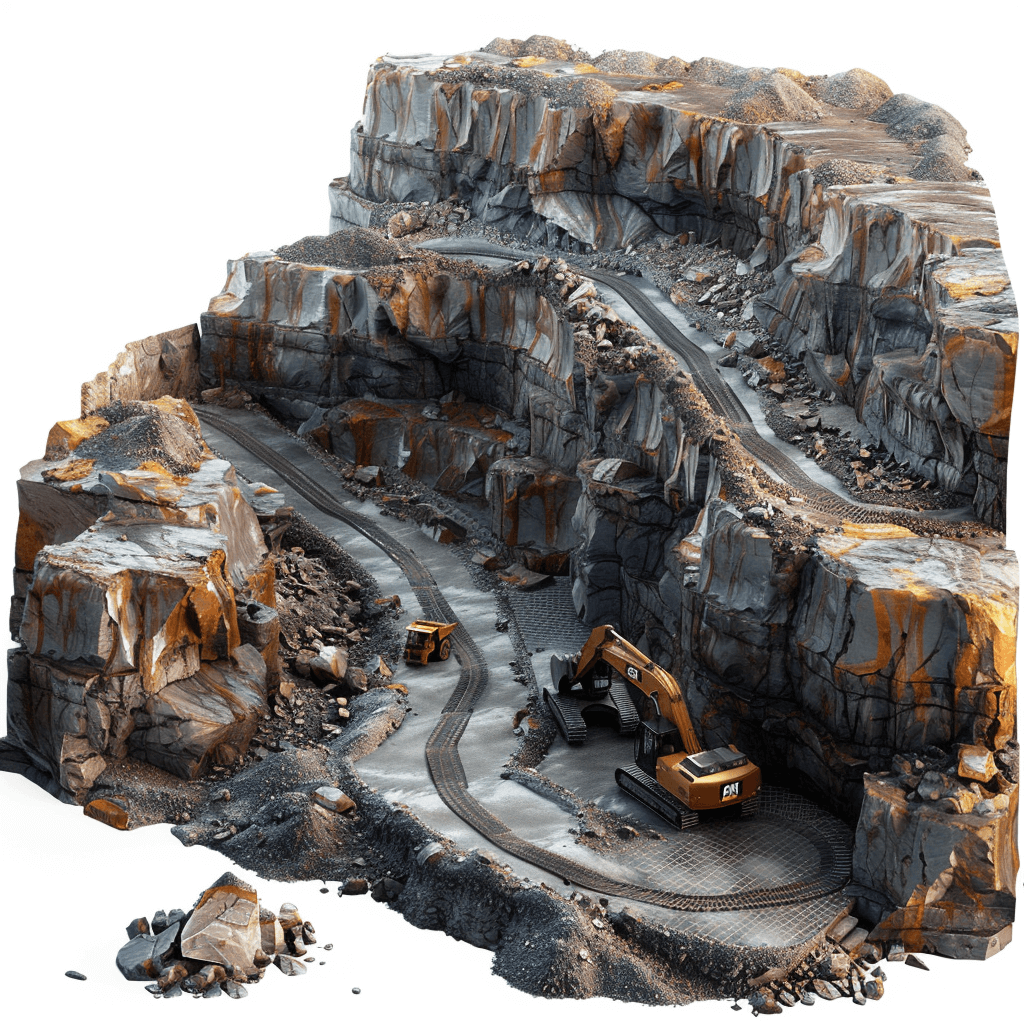 3D realistic illustration of an open pit mine with large rock walls and machinery, construction equipment working on the road inside cave on an isolated white background, in the style of various artists.