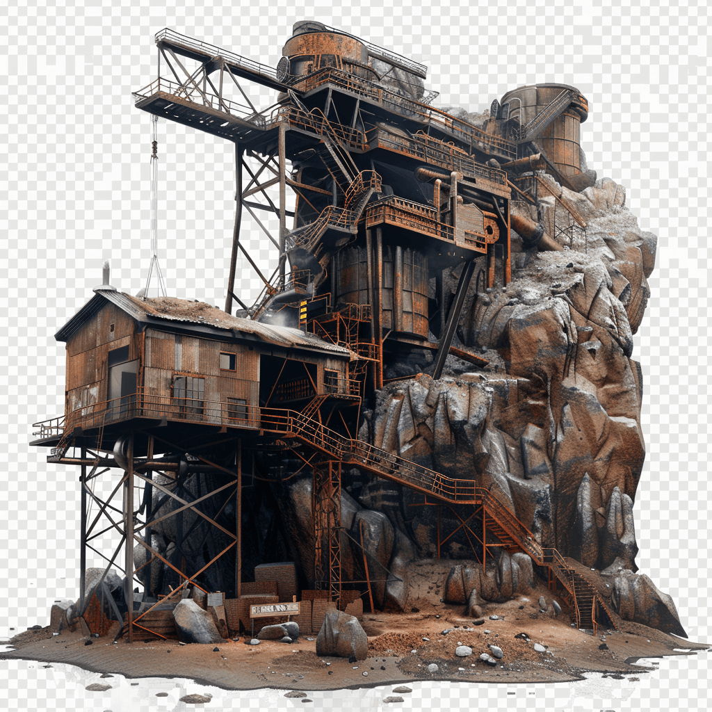 detailed realistic fantasy style, old mining facility on top of rock mountain, rusty and broken equipment, white background png transparent background