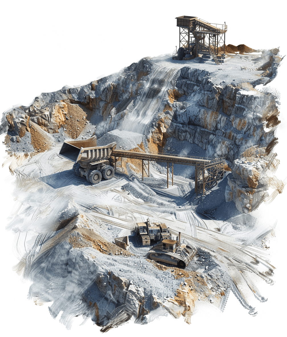 A photorealistic, high-resolution image of an open pit mine with trucks and machinery on the ground, white background, top view, highly detailed, in the style of octane render, 3D model.