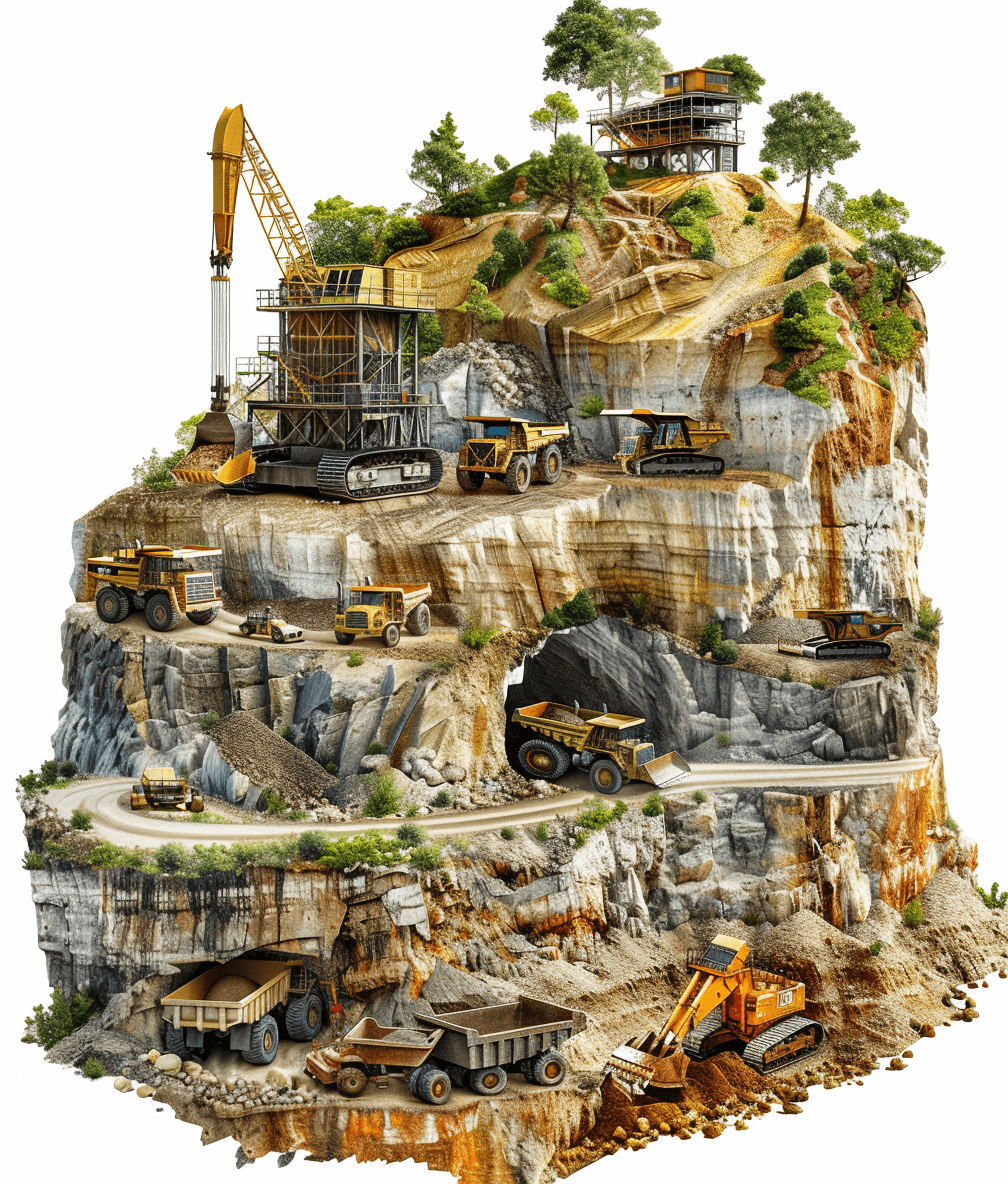 A realistic cutaway illustration of the mining process with heavy machinery, trucks and excavators on top of a mountain, highly detailed, white background, isolated, cutout, in the style of cutout.