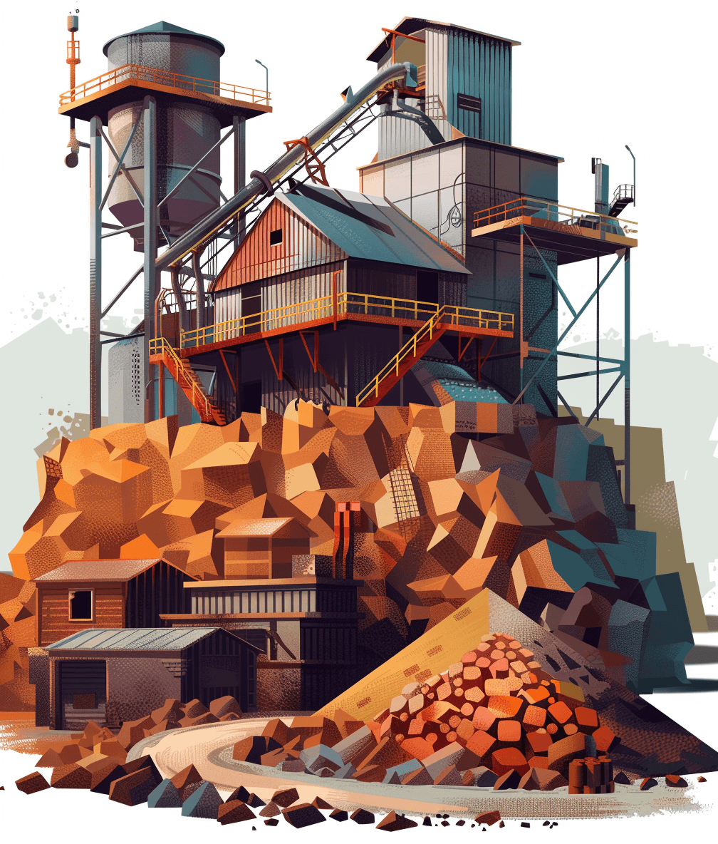 A stylized vector illustration of an old mining factory with a large pile of rocks and sand in brown colors against a white background, with high resolution, high details, high quality, and high contrast, in the style of [James Gilleard](https://goo.gl/search?artist%20James%20Gilleard).