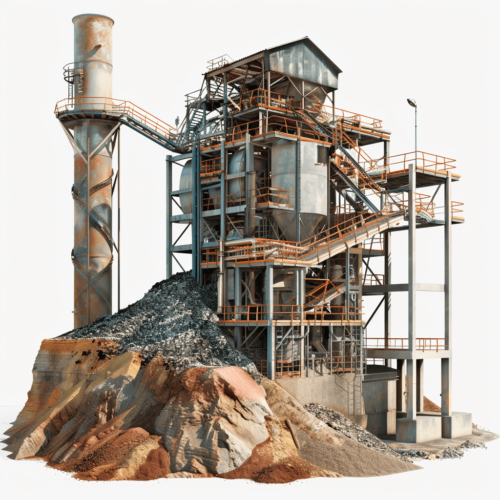 photo realistic illustration of an industrial building with metal and concrete, a huge pile on the ground filled with rocks, sandstone, red rock, blue rocks, industrial pipes, smoke stacks, steel stairs leading up to it, white background, 3d render, high resolution photography, high contrast