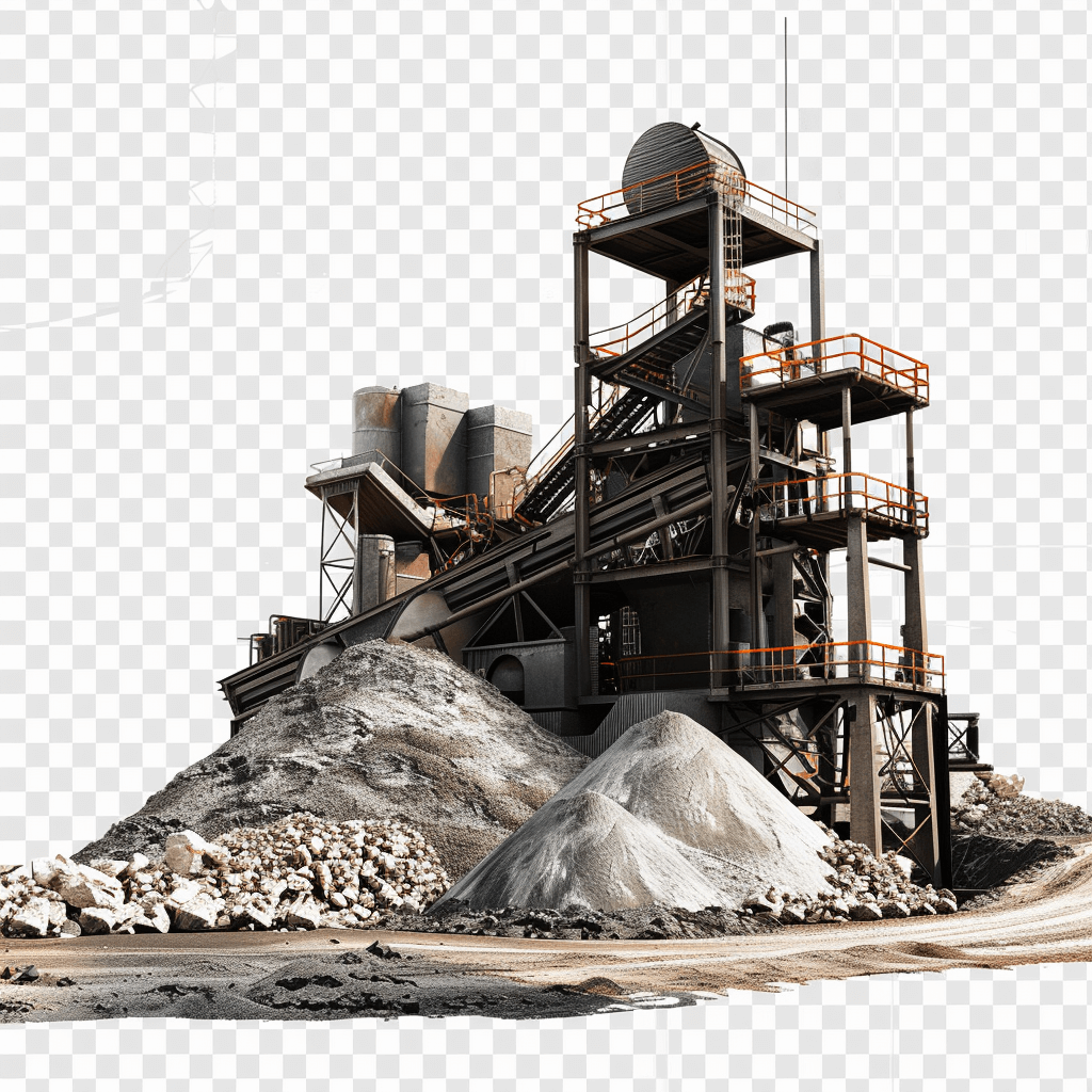 The background is white, and there is an industrial building with sand piles next to it. There was also machinery for making sand from broken rocks. The machine has three columns of different heights, all connected by stairs. It features a realistic photo style, with a large number of details. White transparent png background.