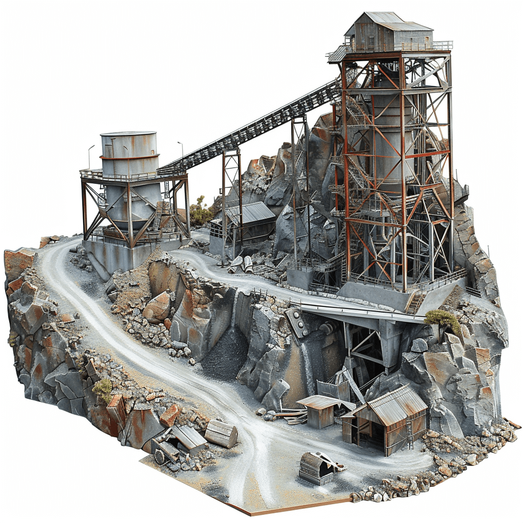 diorama of an old abandoned mine, white background, no people, cutout on the side, perspective scale model, highly detailed