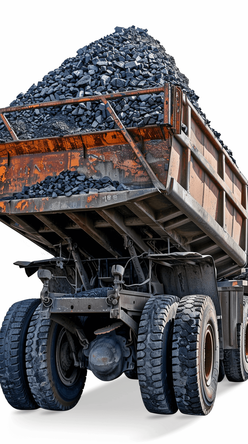 A large truck with big tires full of coal on the back, white background, hyper realistic photography