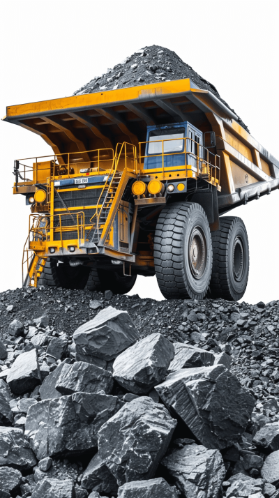 A large yellow mining truck is filled with coal, standing on the ground covered in rocks and pebbles. The background of white space creates an industrial atmosphere. The front view showcases the vehicle's huge size, highlighting its majesty as it carries heavy loads. Soft lighting highlights details. Colors such as black, gray, and blue add contrast to visual impact. High resolution photography captures every detail in the style of an industrial photograph.