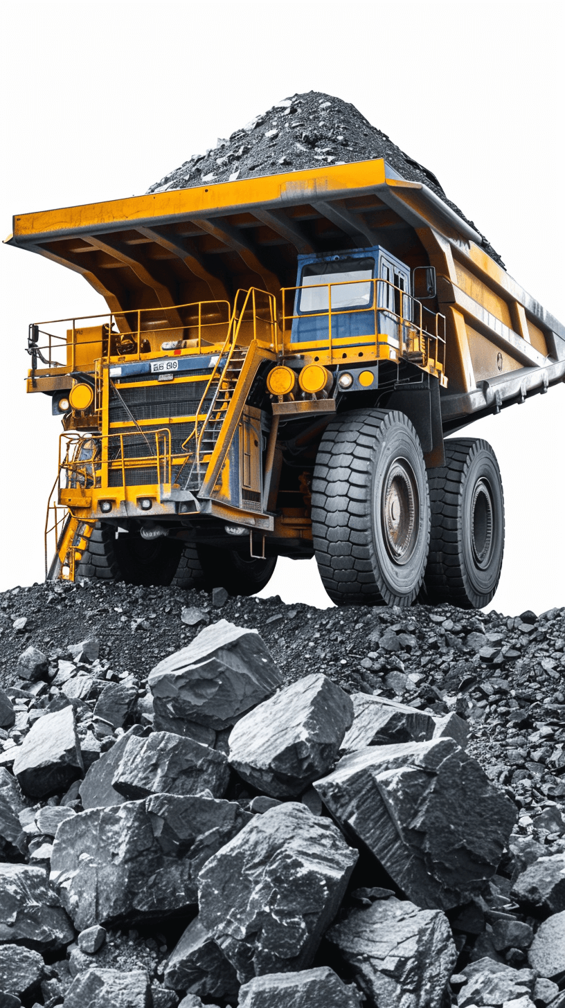 A large yellow mining truck is filled with coal, standing on the ground covered in rocks and pebbles. The background of white space creates an industrial atmosphere. The front view showcases the vehicle’s huge size, highlighting its majesty as it carries heavy loads. Soft lighting highlights details. Colors such as black, gray, and blue add contrast to visual impact. High resolution photography captures every detail in the style of an industrial photograph.