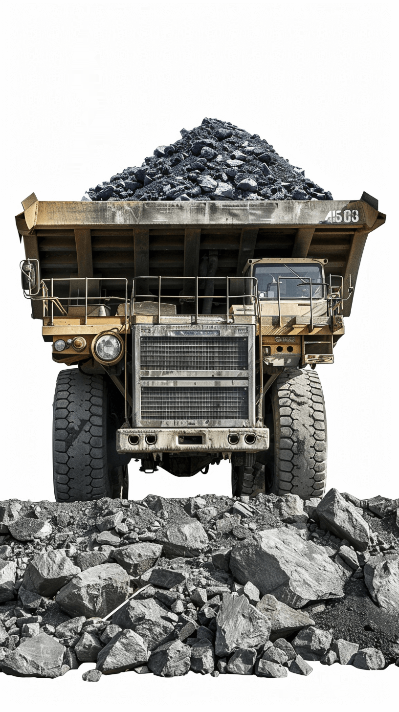 A huge dump truck filled with coal is standing on the ground, white background, photorealistic photography, high resolution photography, insanely detailed photo, professional color grading, clean sharp focus, hyperrealism, stockphoto, Canon EOS, 85mm f/2 lens