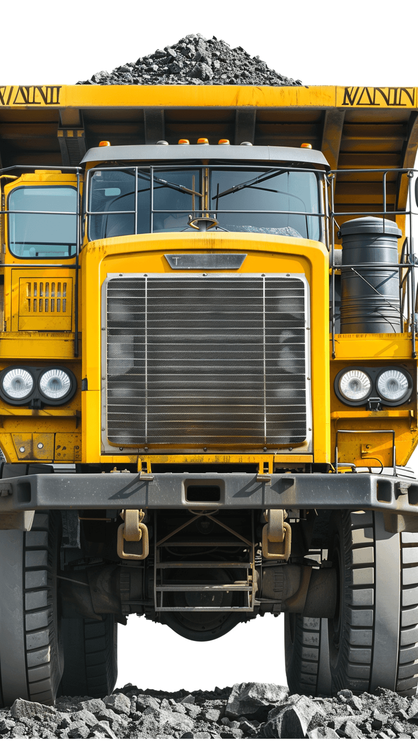 front view of a yellow heavy industrial truck carrying coal in its open cabin, against a white background, in the style of high resolution photography