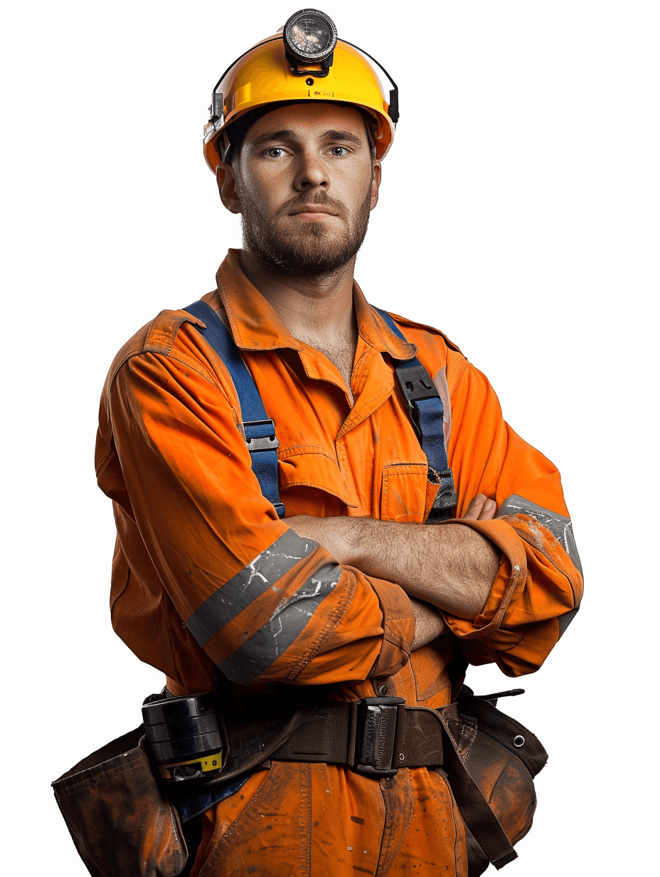 A mining worker with a hard hat and orange overalls, looking at the camera, arms crossed, white background, realistic photography, in the style of a stock photo.