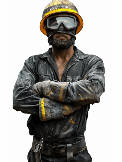 photo of a dirty coal miner, wearing his helmet and goggles on top of his head with his arms crossed in front of a white background, in the style of photorealistic, hyper realistic artist, full body shot, full height view