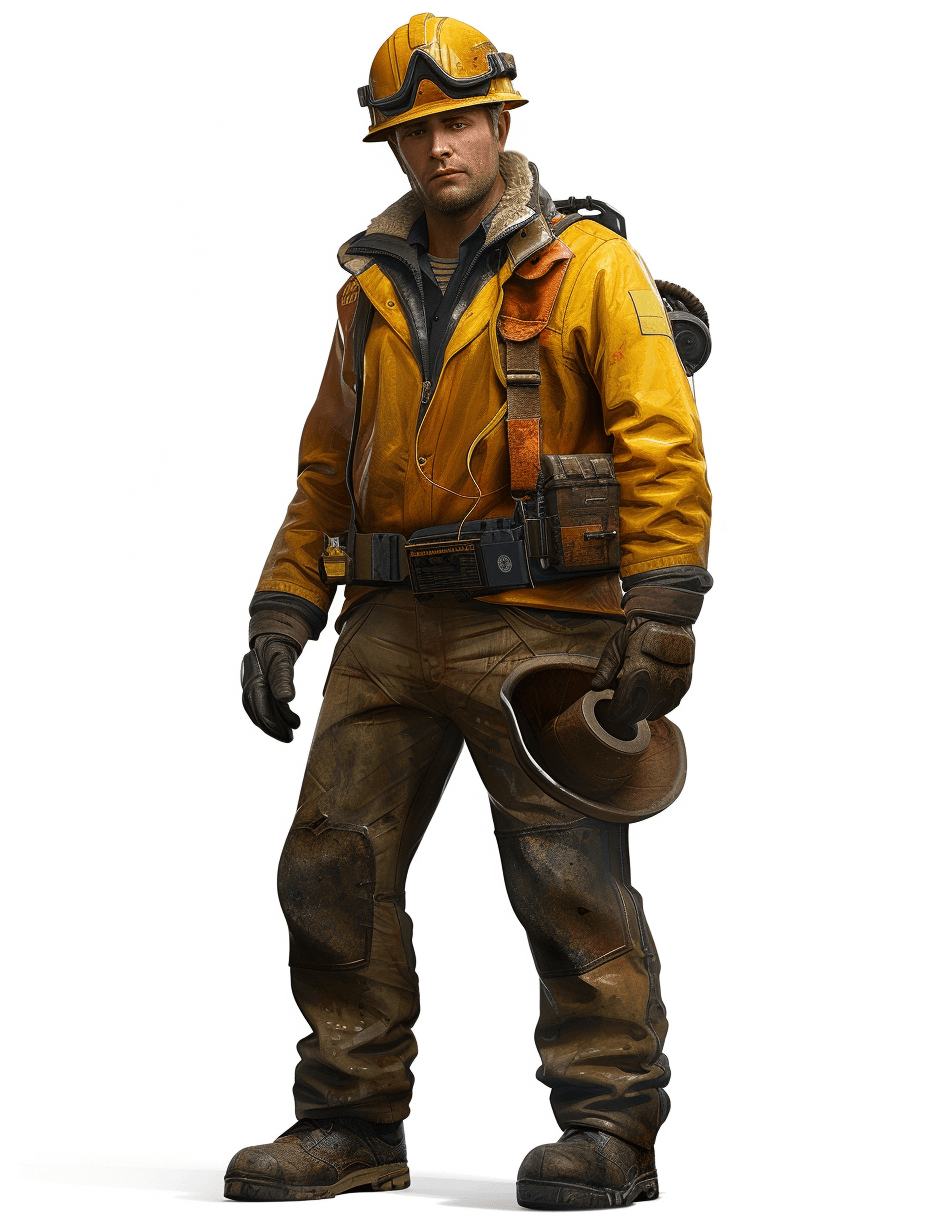 full body concept art of an American miner in a yellow jacket and helmet, against a white background, shown in a full length shot, in the style of ultra realistic