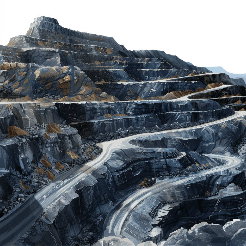 A photorealistic image of an open pit mine with multiple levels, showcasing the vastness and depth of grey rock formations. The scene includes roads winding through, leading to machinery for mining, set against a white background, emphasizing its scale in realistic detail.