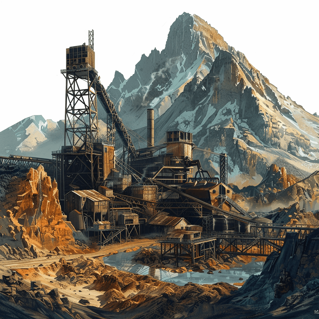 A mining complex in the mountains, concept art in the style of [Craig Mullins](https://goo.gl/search?artist%20Craig%20Mullins) and [John Harris](https://goo.gl/search?artist%20John%20Harris), hand drawn, detailed illustration with flat colors and a low detail background on a white background without shadows.