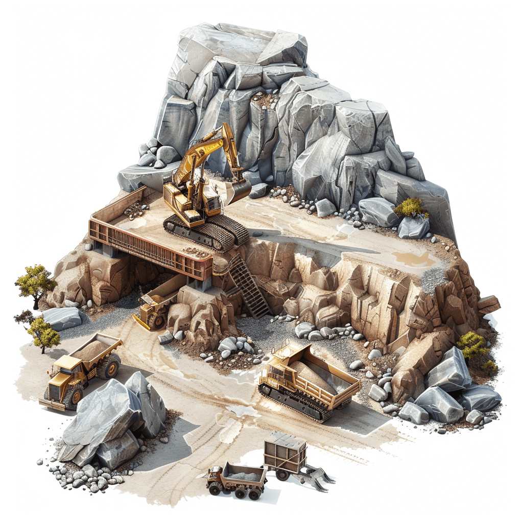 A construction site in the desert with rocks and earth, featuring an excavator and trucks parked nearby. Large stone structures are being built against a mountain backdrop, with some vegetation such as trees or shrubs around the area. Isometric view of game asset, white background.