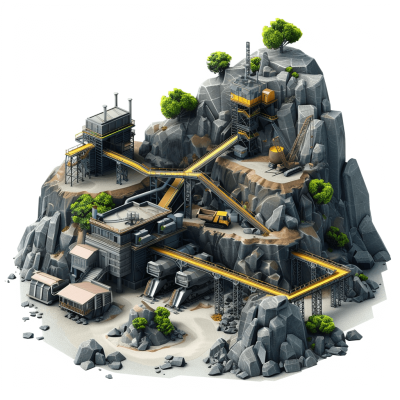 A mining complex on an island, with rocks and trees around it. There is no background in the picture. The game's illustration style features gray stone buildings surrounded by yellow metal structures. It includes mining equipment such as trucks and machinery, as well as vegetation. This depiction has flat colors and simple shapes, presented from above at eye level. Isometric view.