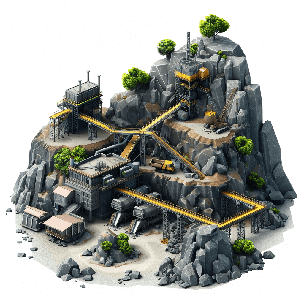 A mining complex on an island, with rocks and trees around it. There is no background in the picture. The game’s illustration style features gray stone buildings surrounded by yellow metal structures. It includes mining equipment such as trucks and machinery, as well as vegetation. This depiction has flat colors and simple shapes, presented from above at eye level. Isometric view.