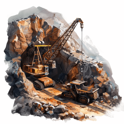 A mine with large cranes and mining equipment, with rocks in the background against a white backdrop. The art style is digital with game design illustration elements, brush strokes and rough edges that give it a handdrawn look. It has details reminiscent of a watercolor painting, with high resolution and detail capturing a concept art scene. Digital airbrushing techniques add further details against the white background. A full body portrait in front view has soft, cinematic lighting.