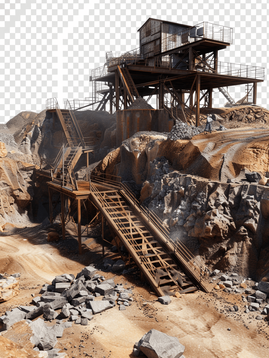 photorealistic open pit mine with staircase and rocks, transparent background