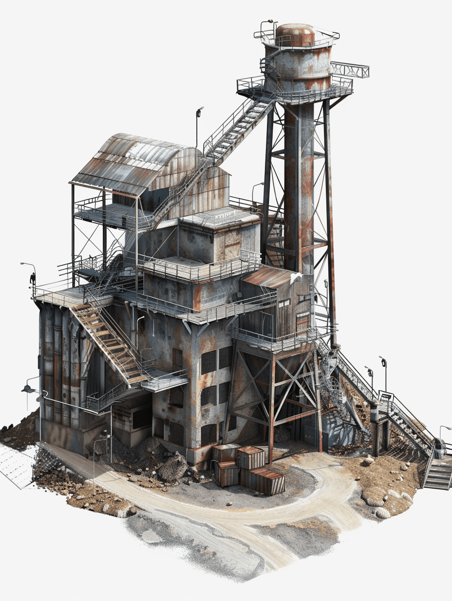 postapocalyptic abandoned steel mill, isometric view, white background, 3D render, high resolution, highly detailed, isolated on the edges, in the style of unknown artist