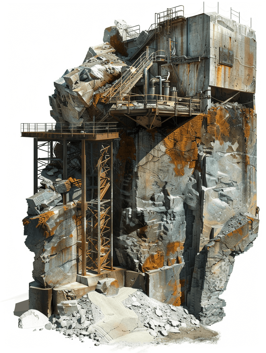 A highly detailed, photorealistic cutaway of an abandoned stone mine with rusty machinery and steel structures built into the cliff side in a post-apocalyptic world. White background.