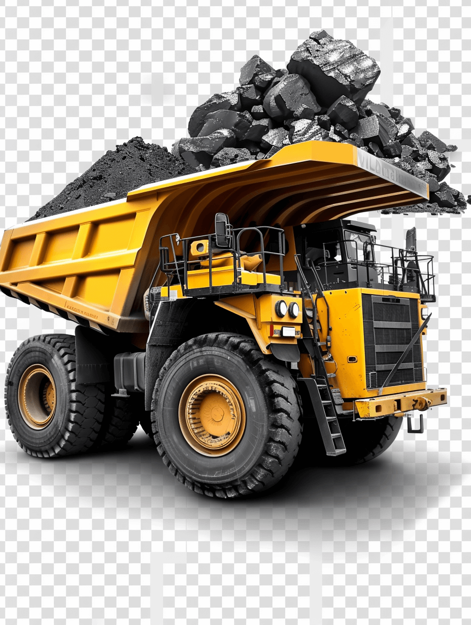 A large yellow heavy truck is carrying coal, transparent background PNG ultra realistic high resolution