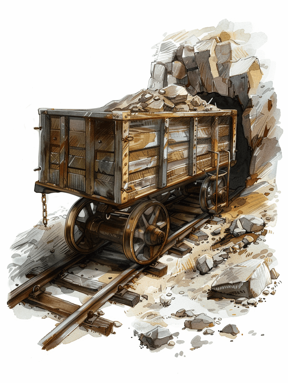 A mine cart on tracks in the style of watercolor, ink and wash, in the style of a D&D artstyle, white background, cave environment.