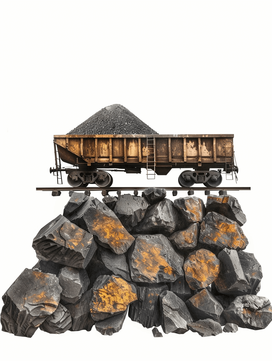 3D rendering of an old coal train car on top of a pile of rocks with an isolated white background, in the ultra realistic photographic style.