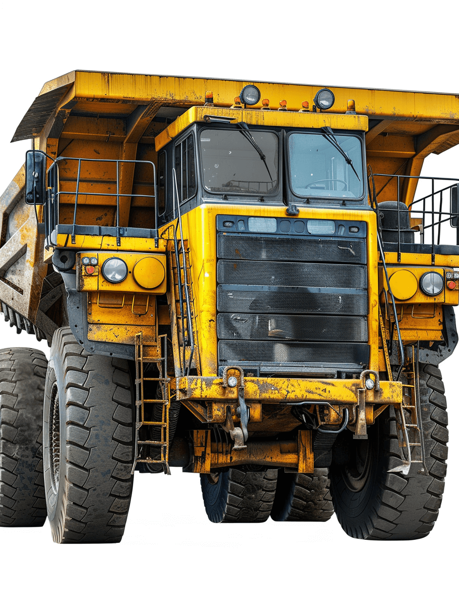 A large yellow mining truck with a white background, shown in a closeup shot from the front, presented in a super realistic, high resolution, high detail front view as a full body photo with a transparent and clean background. There are no shadows on the ground or reflections in the glass surfaces, and no black lines or shadows.