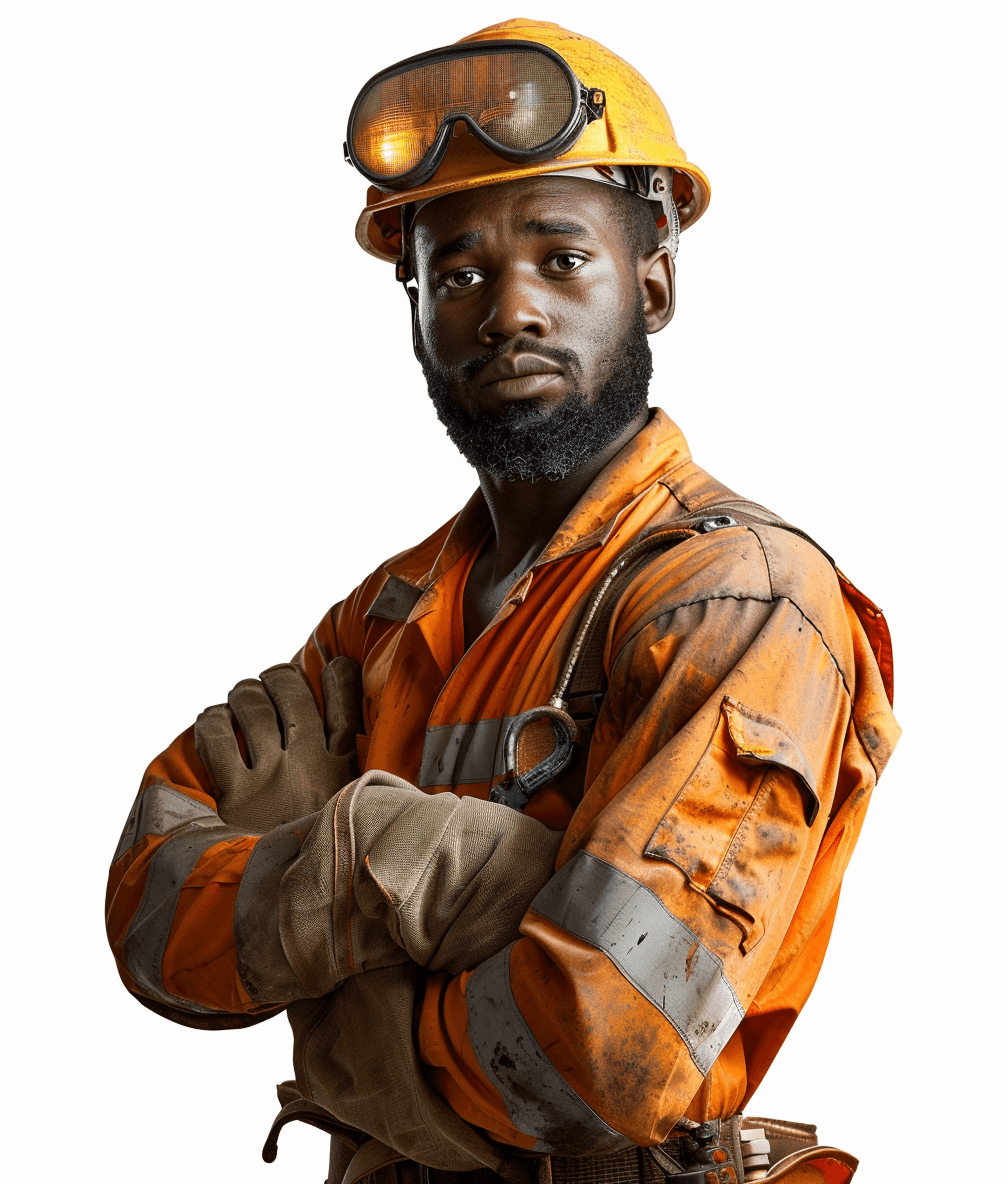 A black South African miner, looking at the camera with his arms crossed and wearing an orange overall, on a white background, in the style of hyper realistic photography.