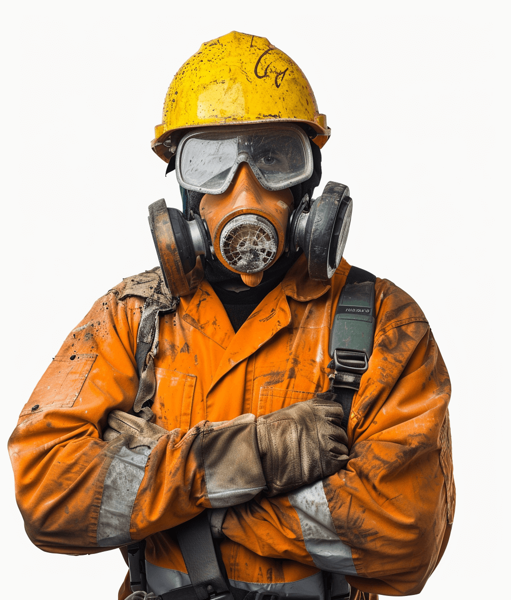 A worker in an orange jacket, wearing protective gear such as a helmet and gas mask, crossed their arms in a pose against a white background in the style of high resolution photography. It was a high quality, photo realistic portrait of the worker from the left side of their face in an isolated, full body shot against a white background.