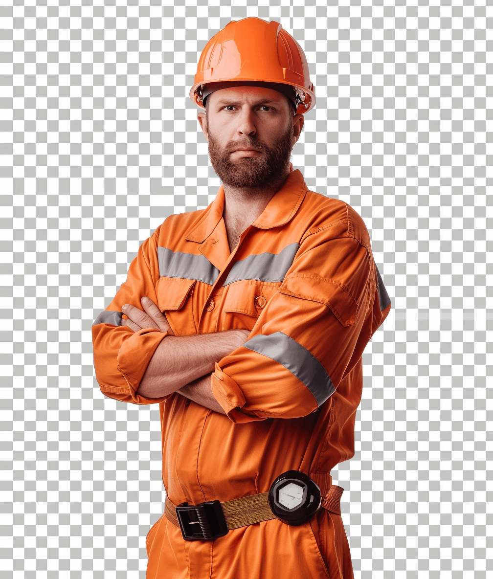 photo of an engineer with orange uniform and helmet, crossed arms pose, transparent background, png file, high resolution