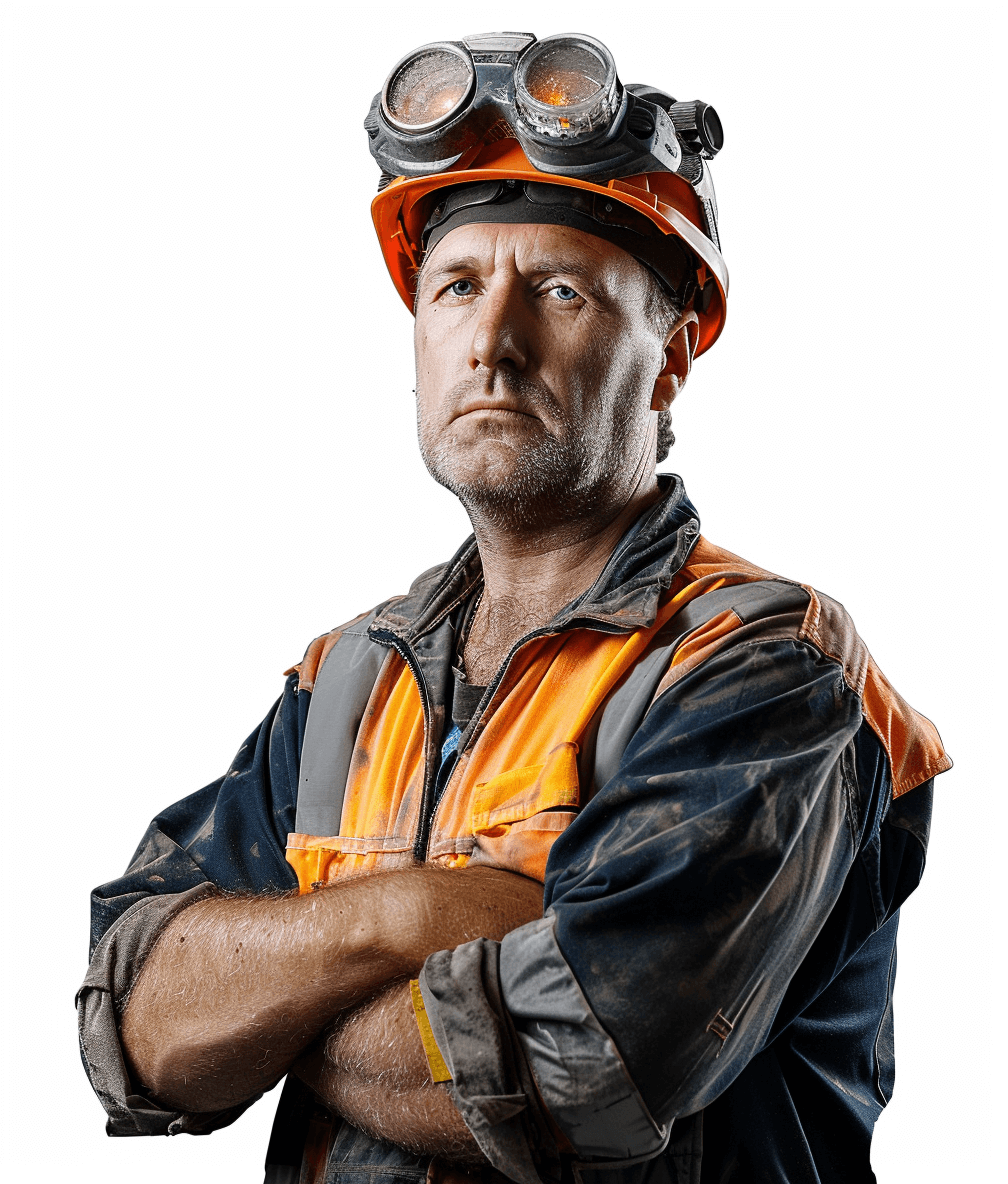 A professional photo of an old worker with his arms crossed. He is wearing orange and black work  in front of a white background. He has glasses on top of the helmet that covers only half of his head. It is a hyper realistic photograph with ultra detailed imagery and a white background at a high resolution and definition.