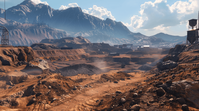 A wide shot of an open platinum mine in the mountains, a very large open pit with piles and stacks of rock all around it, with no structures or equipment on site, a sunny day with blue sky, in the style of unreal engine 5 art.