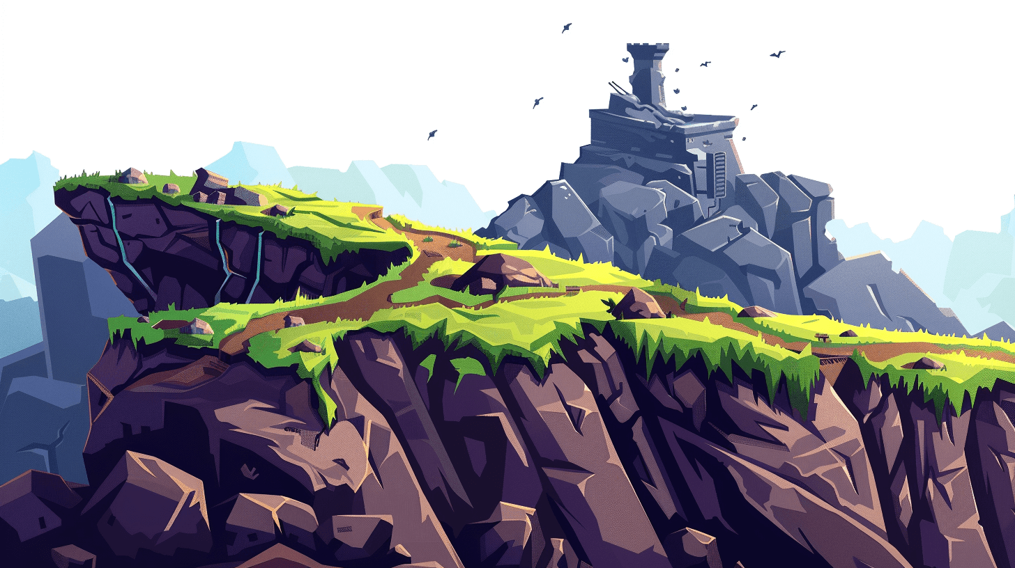 A lowpoly fantasy game level design with a mountain top in the style of stylized vector art, grassy hills and rocks on the side, an ancient tower is visible at its center, white background, flat colors, low poly, simple shapes, low detail, no shadows, vibrant, high contrast, bold color palette, bright green and purple tones, sharp edges, flat shading, smooth lines, cartoonish character designs in the style of hyperdetailed.