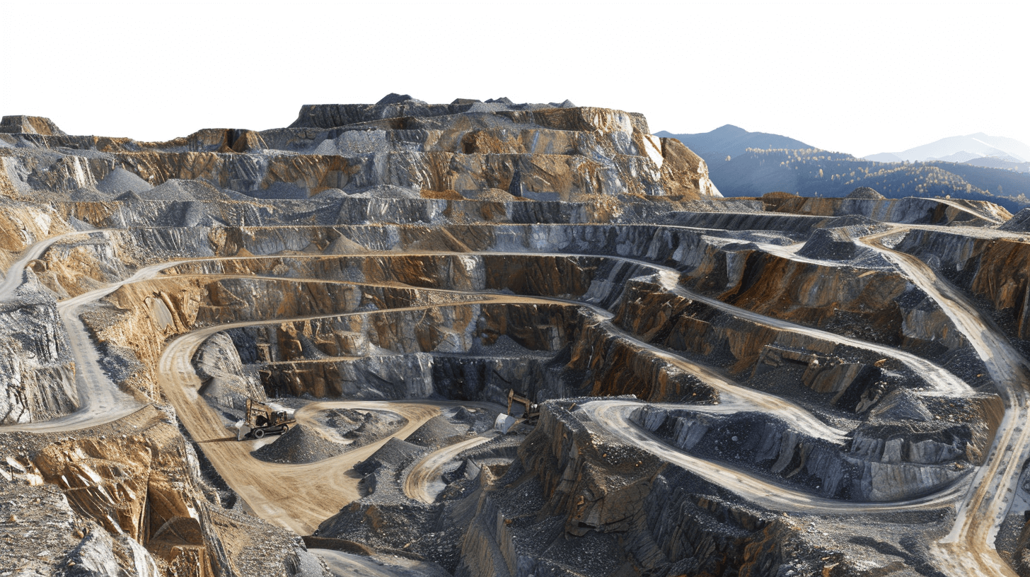 Aerial view of an open pit mine on a white background. Gold mining, natural stone and rock with a beautiful landscape in the mountains. Highly detailed, high resolution, high quality textures, high sharpness, hyper realistic photography in the style of natural stone and rock with a beautiful landscape in the mountains.