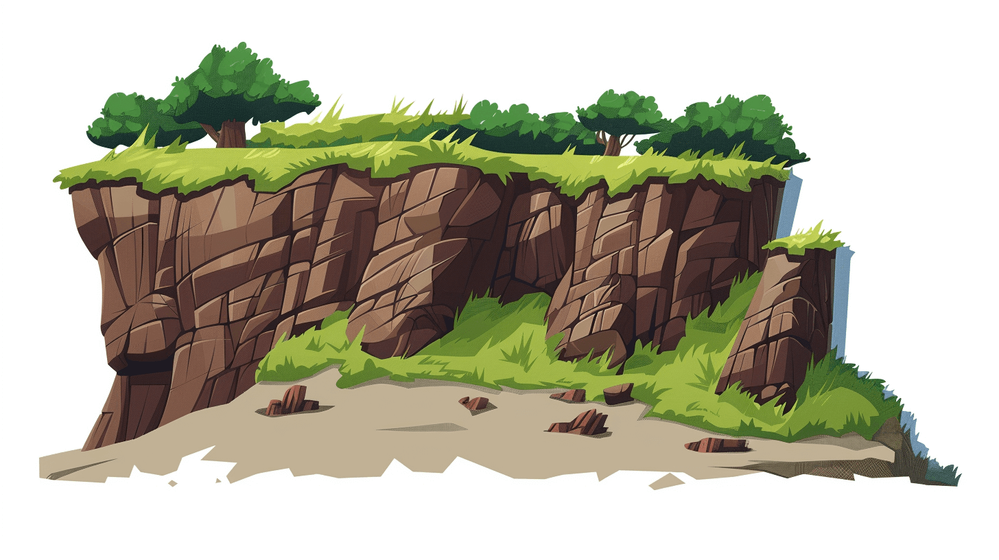 A cliff side with grass and trees in the style of cartoon, white background, vector graphics, game art design. In the middle of the picture is an empty space for text or iconography. The top left corner features rocks covered in moss, while the bottom right edge has dirt. This scene gives off an atmosphere reminiscent of fantasy games. It’s an illustration that would be suitable as a background texture for digital illustrations or video game backgrounds.