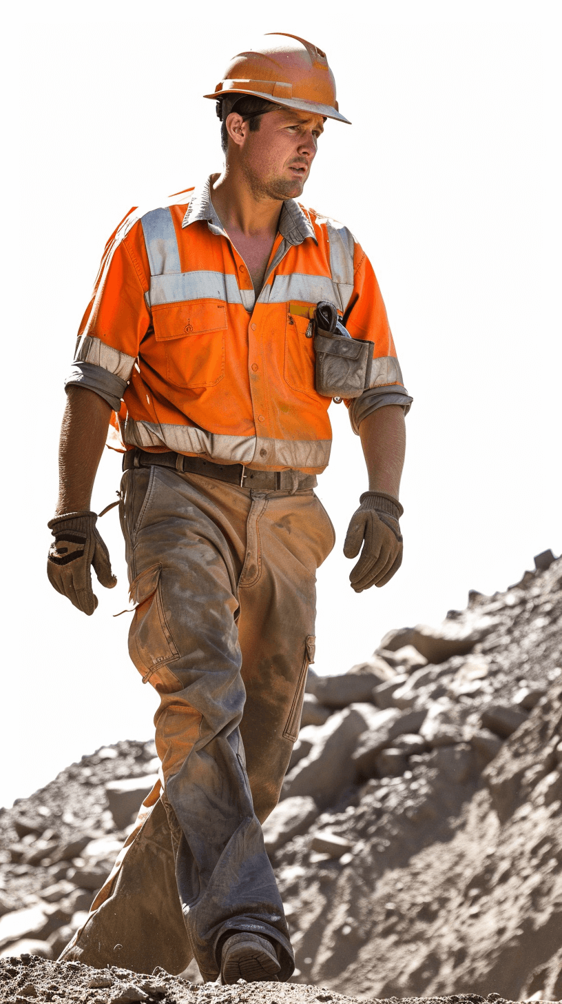 full body portrait of a construction worker walking, wearing an orange shirt and work pants with a helmet on his head, dirt in the background against a white background, photorealistic in the style of high resolution photography, insanely detailed with fine details, isolated on a plain, stock photo from a professional photoshoot shot using a Canon EOS R5 camera with award winning color grading.