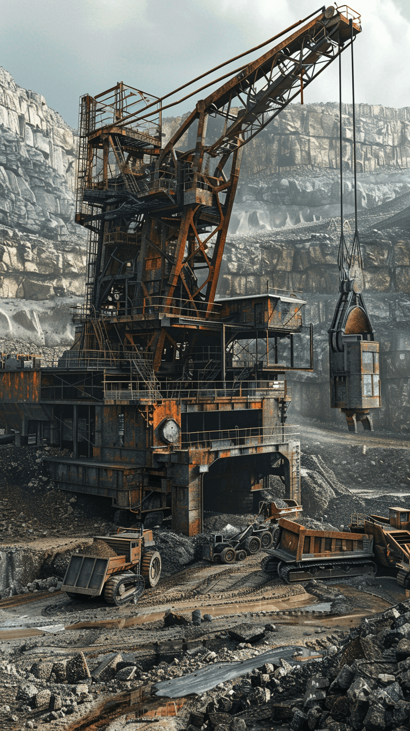 A huge mechanical crane and an open pit mine with coal, huge industrial machinery in the style of highly detailed realism, octane render, concept art, game design, Unreal Engine, concept art,