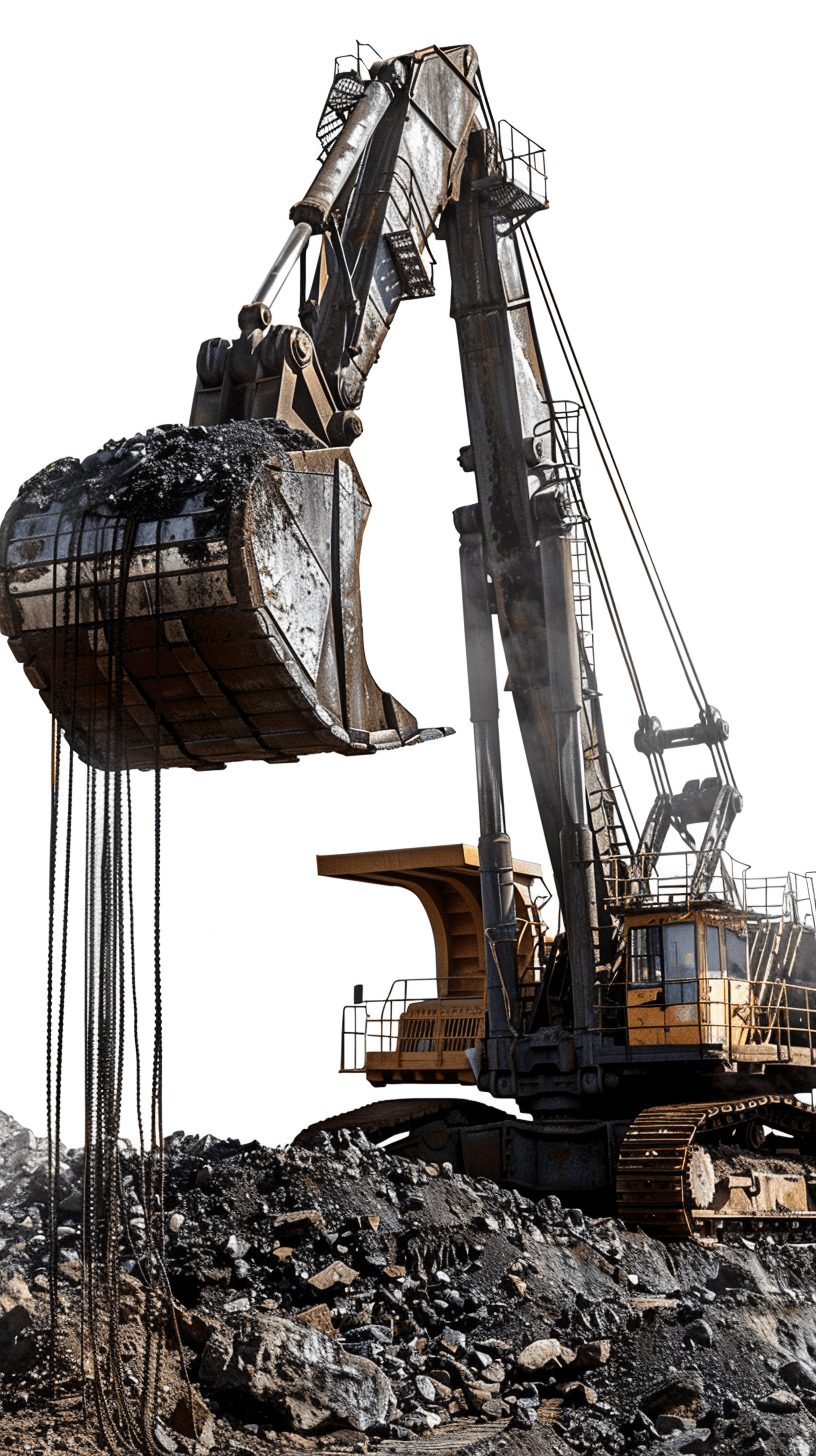 A large excavator lifting coal against a white background, with no shadows or reflections, in the hyper realistic photographic style.