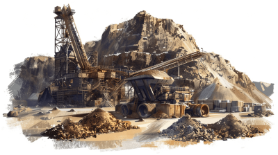 A mining site with machinery and rocks, in the style of [Greg Rutkowski](https://goo.gl/search?artist%20Greg%20Rutkowski), digital painting, concept design sheet, white background, isolated on the edges of each object, game asset, painterly strokes, 2d stylized.