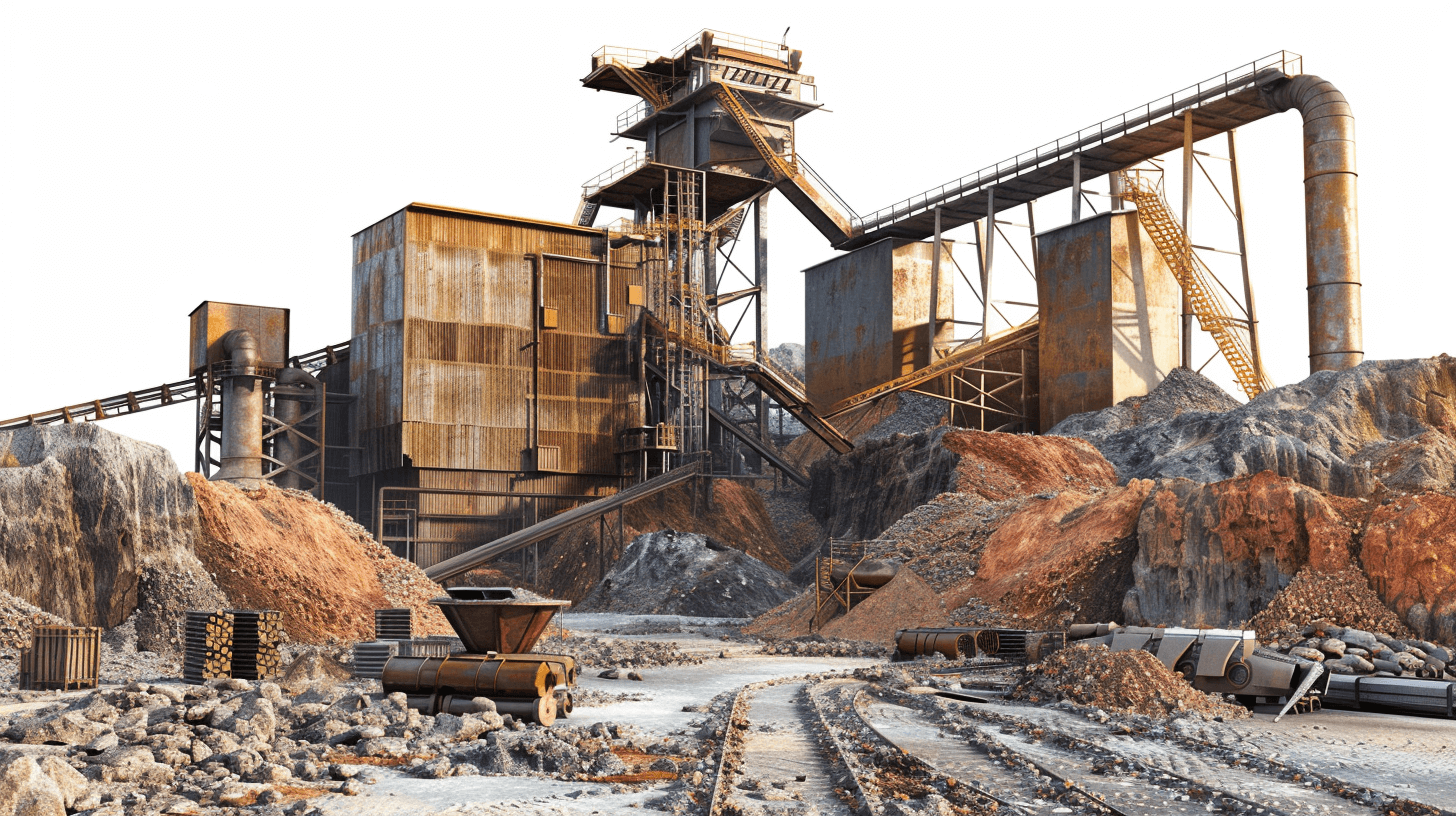 a large mining factory with huge metal machinery and rocks on the ground, white background, hyper realistic photography