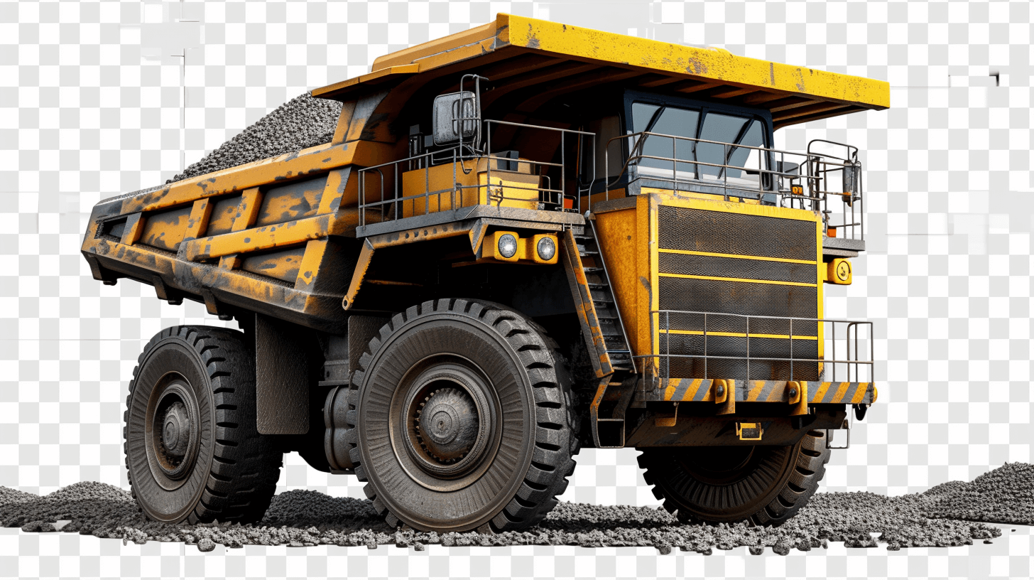 A large yellow mining truck with coal on the ground, transparent background, PNG file.