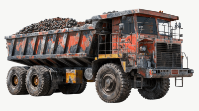 A large, heavy industrial truck with big wheels and lots of mud on the sides is carrying coal in its body isolated white background, realistic photography