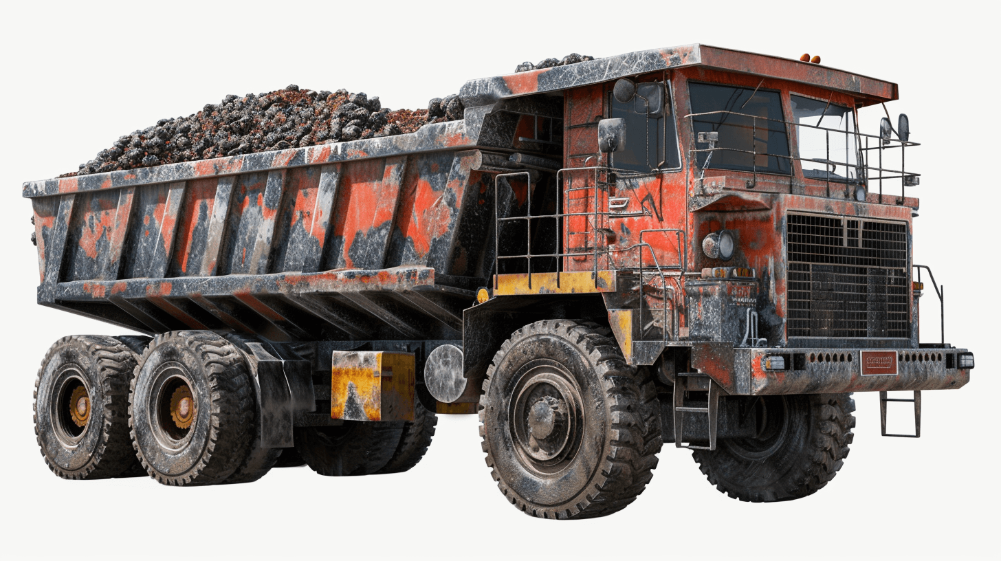 A large, heavy industrial truck with big wheels and lots of mud on the sides is carrying coal in its body isolated white background, realistic photography